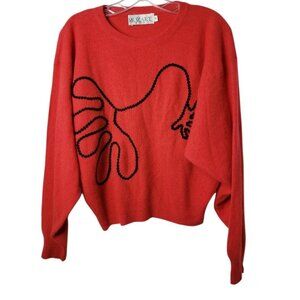 Mozart Milano Vtg Sweater Red  With Black Embroidered Abstract 38